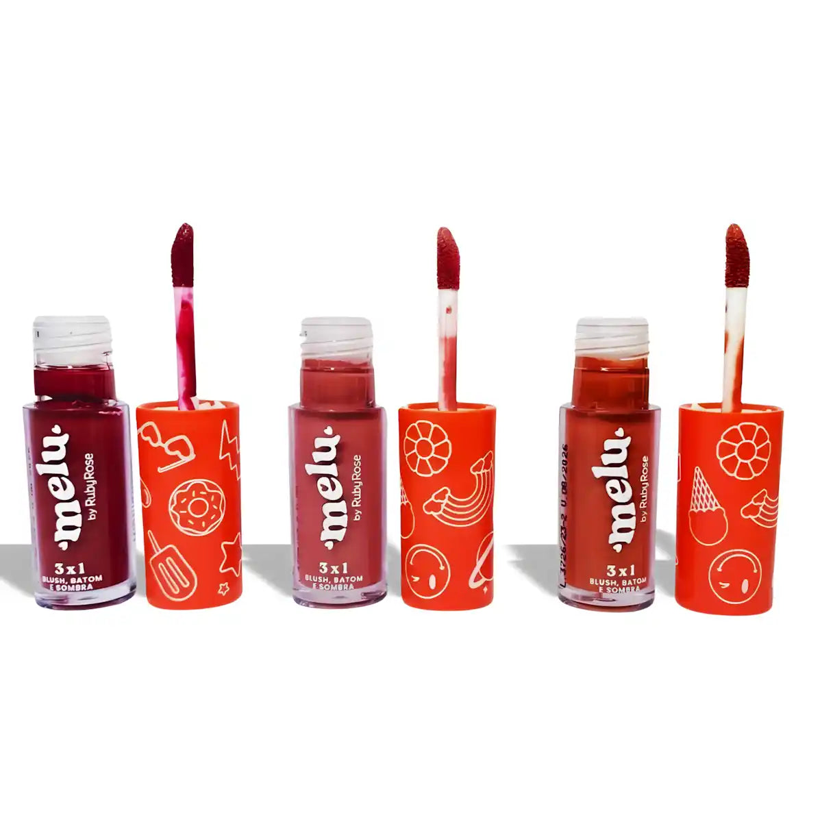 Kit 3 Blush Batom Sombra 3 em 1 Melu Ruby Rose 4,1ml