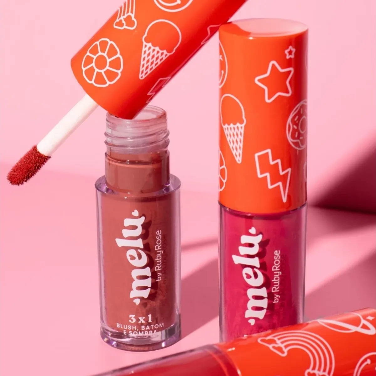 Kit 3 Blush Batom Sombra 3 em 1 Melu Ruby Rose 4,1ml